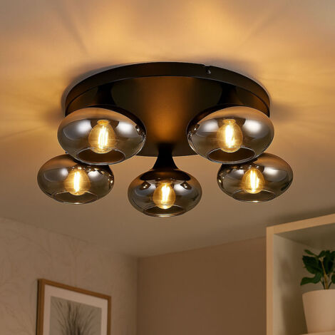 LED Deckenleuchte Filament Rauchglas Modern Deckenlampe schwarz Retro Wohnzimmerleuchte dimmbar 5-Flammig Glas, Metall, 5x 4W 470Lm warmweiß, DxH 49x15 cm