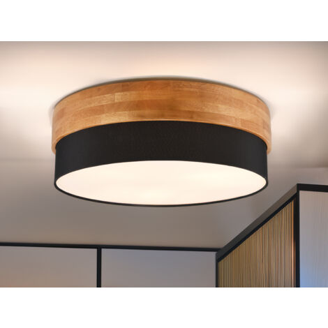 LED Deckenleuchte Holzlampe mit Stoffschirm Schwarz, Ø 50cm