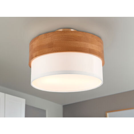LED Deckenleuchte Holzlampe mit Stoffschirm Weiß, Ø 30cm