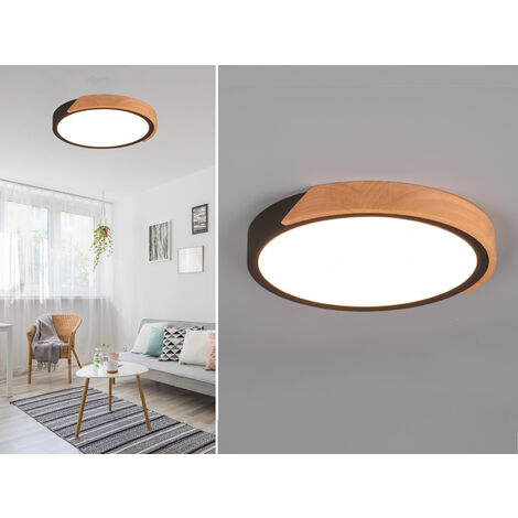LED Deckenleuchte JANO rund Schwarz mit Holz, 3 Stufen Dimmer, Ø 31cm