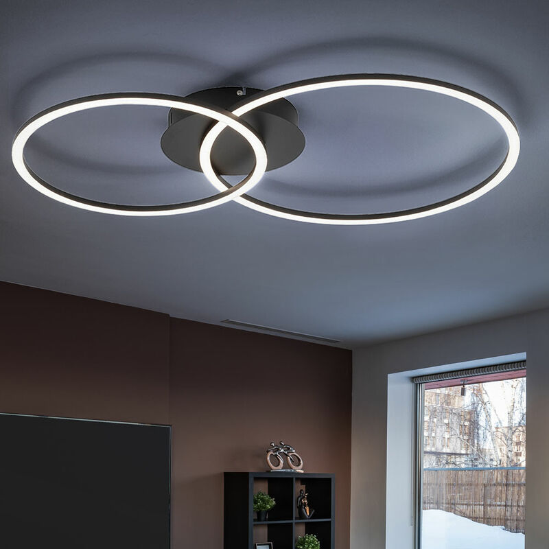 LED Deckenleuchte Kreis Form Design Metall Deckenlampe dimmbar über Wandschalter, mit zwei Ringen, 1x LED 26 W 2200 Lumen warmweiß, LxBxH 70x44x6,8 cm