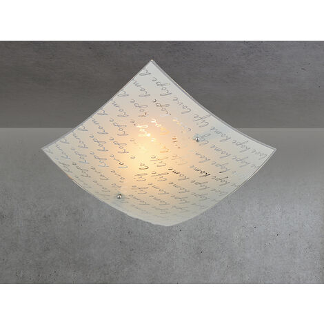 LED Deckenleuchte mit Glasschirm Weiß & Schriftdekor, Quadrat 30cm