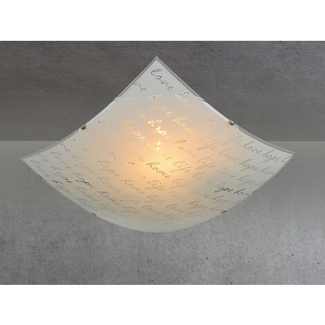 LED Deckenleuchte mit Glasschirm Weiß & Schriftdekor, Quadrat 40cm