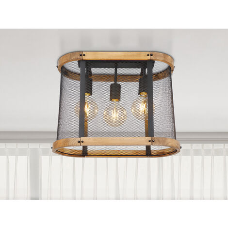 LED Deckenleuchte mit Holz & Gitter Schwarz 3-flammig, Breite 45cm