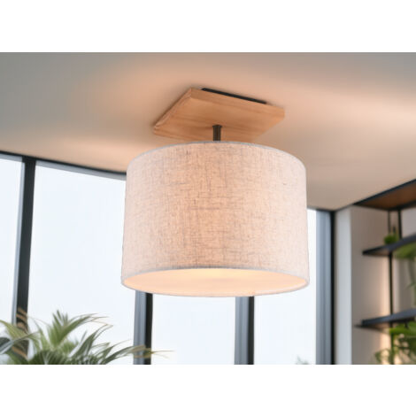 LED Deckenleuchte mit Stoffschirm in Beige und Naturholz Sockel, Ø 36cm