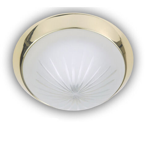 LED Deckenleuchte rund, Schliffglas satiniert, Dekorring Messing poliert, Ø 35cm