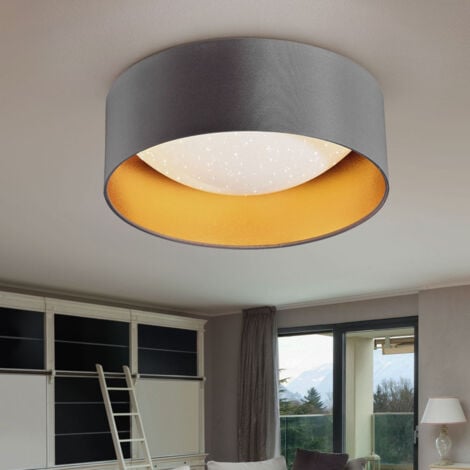 ETC-SHOP LED Deckenleuchte Sterneneffekt Wohnzimmerlampe Textilschirm grau gold Deckenlampe Modern, weiß rund, 12W 1300Lm neutralweiß, DxH 32x11 cm