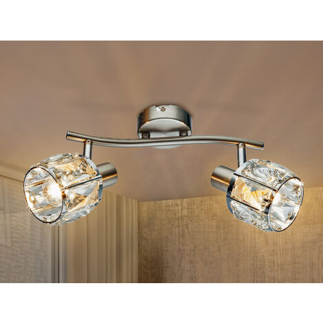 LED Deckenstrahler 2-flammig mit Glaskristallen Silber matt, Breite 28cm