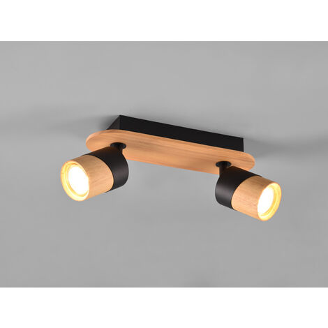 LED Deckenstrahler 2-flammig, Naturholz & Metall Schwarz, Breite 28cm