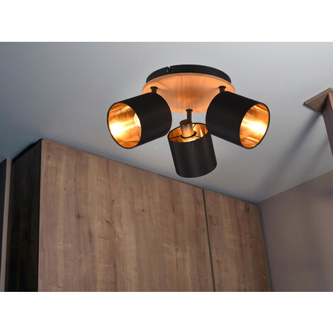 LED Deckenstrahler 3-flammig Holz & Stoffschirme Schwarz Gold, Ø 25cm