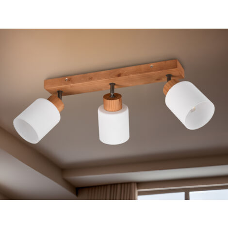 LED Deckenstrahler 3 flammig Korpus Holz & Glasschirme Weiß, Breite 45cm
