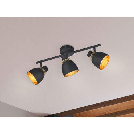 LED Deckenstrahler 3-flammig Schwarz Gold mit Drahtgeflecht, Breite 45cm