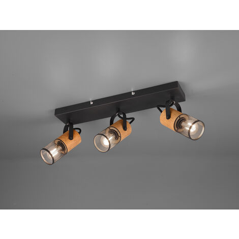 LED Deckenstrahler 3-flammig, Schwarz mit Holz & Gitterschirmen, Breite 44cm