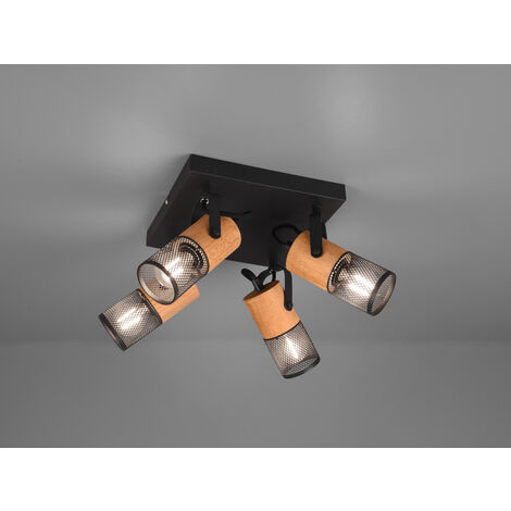 LED Deckenstrahler 4-flammig, Schwarz mit Holz, Quadrat 22cm