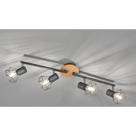 LED Deckenstrahler Grau / Holz 4-flammig, Gitterlampe schwenkbar, Breite 60cm