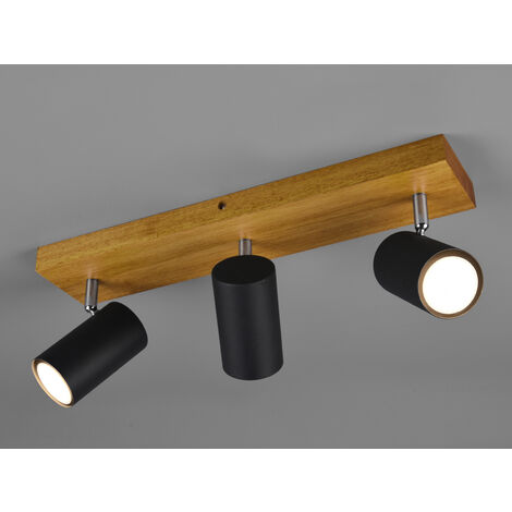 LED Deckenstrahler Schwarz mit Holz 3-flammig, Breite 44cm