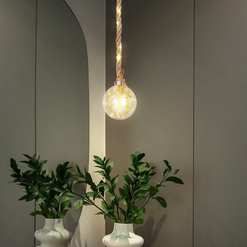 Led deko suspension plafonnier plafonnier lampe de salon corde de chanvre verre ambre, 2 watts 18 lm 2500 k blanc chaud, h 160 cm