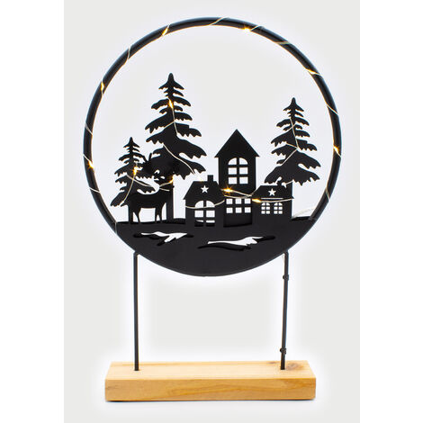 LED Deko Aufsteller schwarz mit Weihnachts Motiv - 37 x 25 cm - Metall Silhouettenbild mit 15 LED in warm weiß beleuchtet - Weihnachts Dekoring Tischdeko Fensterdeko Deko Beleuchtung mit Timer inklusi