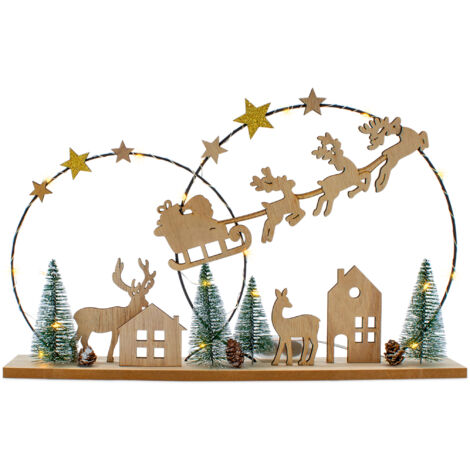 LED Deko Display en bois avec motif de Noël - 40 x 25 cm - Image silhoutten Père Noël avec traîneau illuminé blanc chaud - décoration de table de Noël décoration de fenêtre éclairage avec batterie