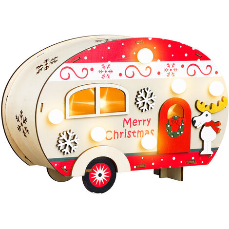 LED Deko Holz Wohnwagen mit Beleuchtung - 21 x 14 cm - Weihnachts Caravan mit 10 LED in warm weiß - Advent Winter Weihnachten Tischdeko Weihnachtsdeko Fensterdeko Deko Aufsteller Weihnachtsdorf Zubehö