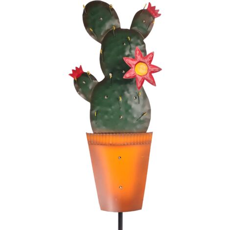 LED Deko Kaktus Gartenstecker Metallfigur Dekopflanze Kakteen Solar Gartendeko - rote Blüten