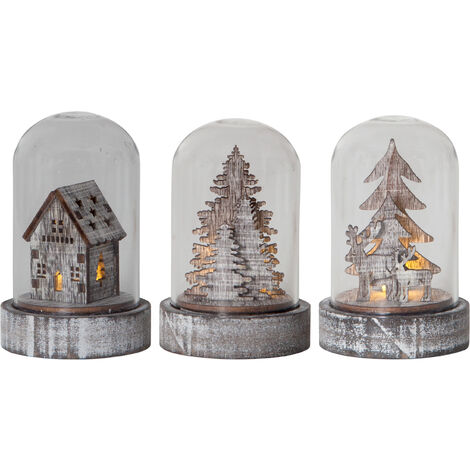 LED Deko -Kupol mit Glaskuppel, Holz, batteriebetrieben, 3er Set