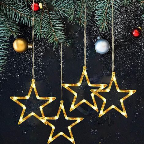 LED Deko Sterne Fensterdeko Hängend, 4 Stück Fenster Lichtervorhang Warmweiß Batteriebetrieb Saugnäpfe Lichterkette Innen Weihnachtsbeleuchtung für Weihnachtsdeko Party Balkon