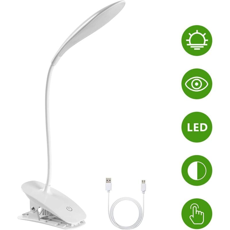 LED Desk Lamp, USB Cable Rechargeable Clip Reading Light, 3 Adjustable Color Temperatures and Brightness for Bed, Child, Reading
