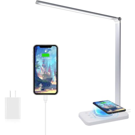 LED Desk Lamp with Wireless Charger, Dimmable Desk Lamps 10 Brightness Levels 5 Color Modes, Bedside Lamp with USB Port and Timer Function, Flexible Touch Control