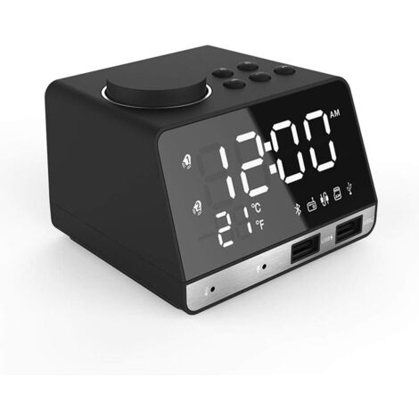 LED Digital Alarm Clock, Bluetooth Bass Speaker, FM Radio 2 USB Charger Bedside Clocks, Music Player Snooze Temperature Function Kids Alarm Clock