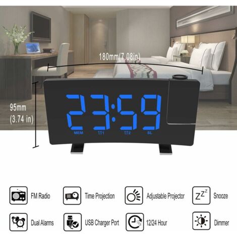 LED Digital Alarm Clock, FM Radio Alarm Clock with Dual Alarms, Projection Alarm Clock With Hygrometer, USB Port, 12/24H, 9-Minute Snooze Function, Sleep Timer (Blue)