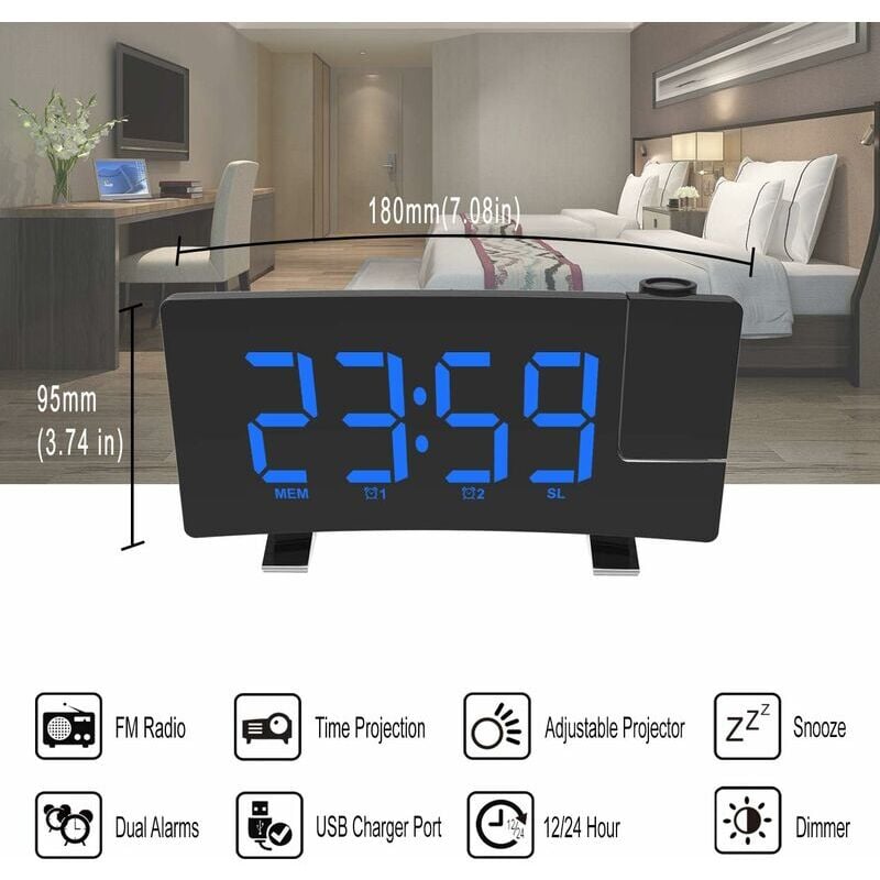 Led Digital Alarm Clock, fm Radio Alarm Clock with Dual Alarms, Projection Alarm Clock With Hygrometer, usb Port, 12/24H, 9-Minute Snooze Function,