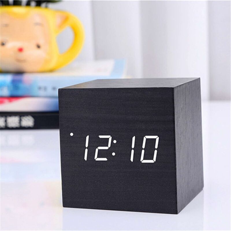 Led Digital Alarm Clock, Wooden Cube Clock, Wooden Clock Desk Clock, Wooden Alarm Clock, Voice Activated Cube Digital Clock for Bedroom (Black)