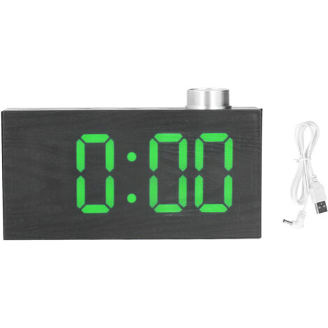 LED-Digitalwecker mit Thermometer, grünem Holzmaserungsdesign und USB-Stromversorgung