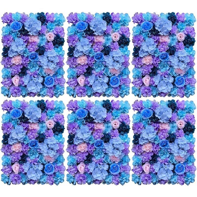 Lot de 6 fleurs artificielles Mur de fleurs en soie Fond de rue de mariage diy Mur de roses pour décoration de jardin de mariage, bleu/violet