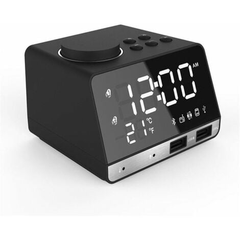 LED double réveil miroir horloge Radio enceinte pour salle de bain basse sans fil bluetooth + port USB + FM Noir noir