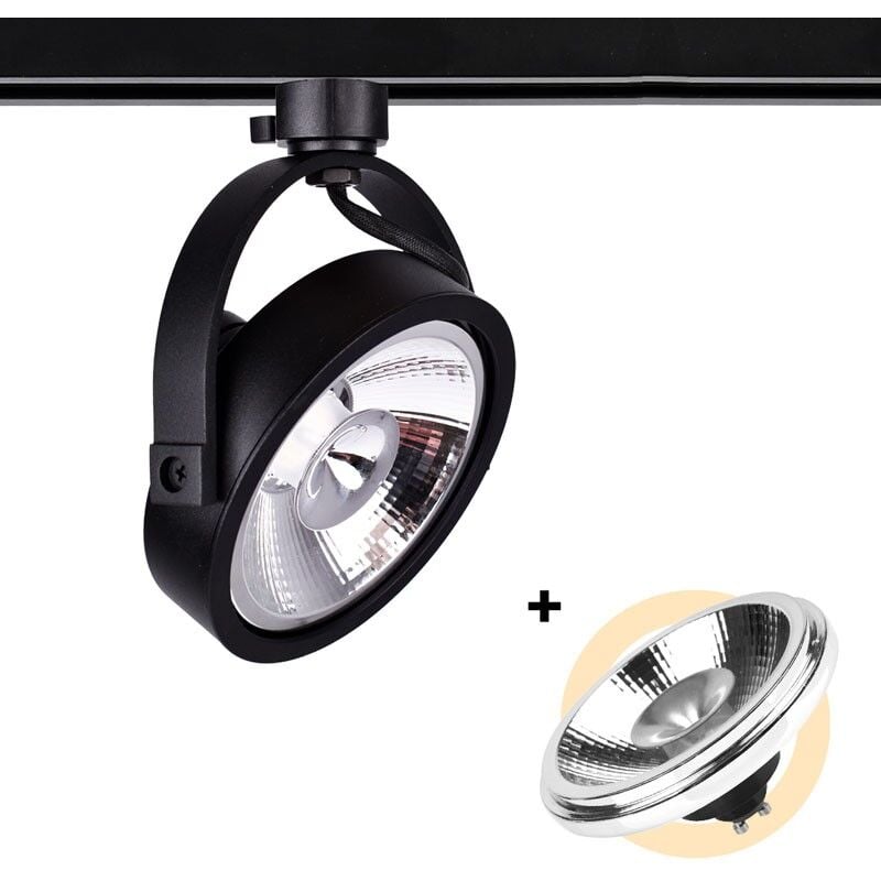 Pack Foco LED De Carril Trifásico + Bombilla LED AR111 GU10 - Blanco Neutro - Negro