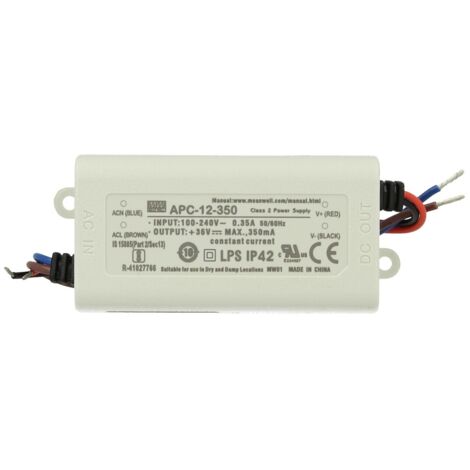 Led Driver CC MW MEAN WELL APC-12-350 Trasformatore 350mA 9V-36V DC 12W Corrente Costante IP42