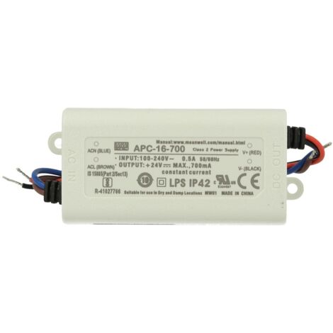 Led Driver CC MW MEAN WELL APC-16-700 Trasformatore 700mA 9V-24V DC 16W Corrente Costante IP42