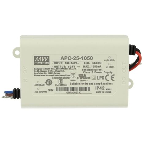 Led Driver CC MW MEAN WELL APC-25-1050 Trasformatore 1050mA 9V-24V DC 25W Corrente Costante IP42