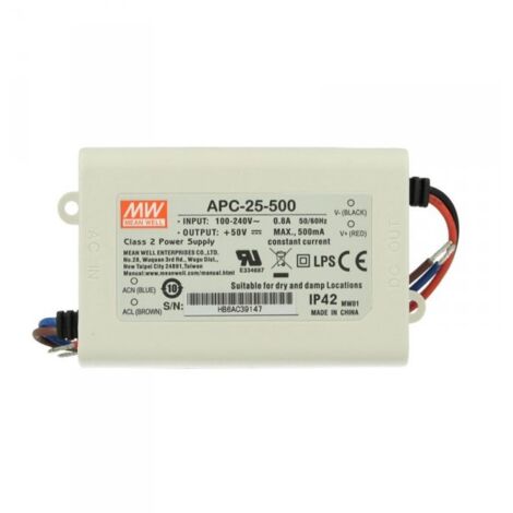 Led Driver CC MW MEAN WELL APC-25-500 Trasformatore 500mA 15V-50V DC 25W Corrente Costante IP42