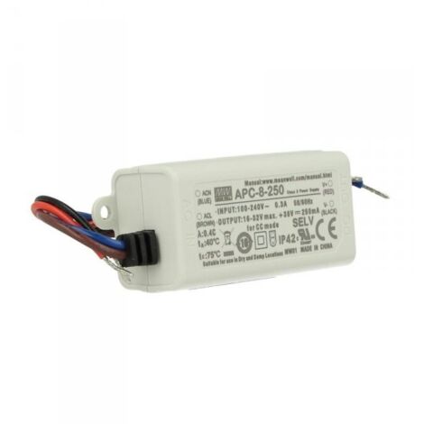 Led Driver CC MW MEAN WELL APC-8-250 Trasformatore 250mA 16V-32V DC 8W Corrente Costante IP42