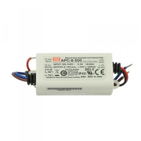 Led Driver CC MW MEAN WELL APC-8-500 Trasformatore 500mA 8V-16V DC 8W Corrente Costante IP42