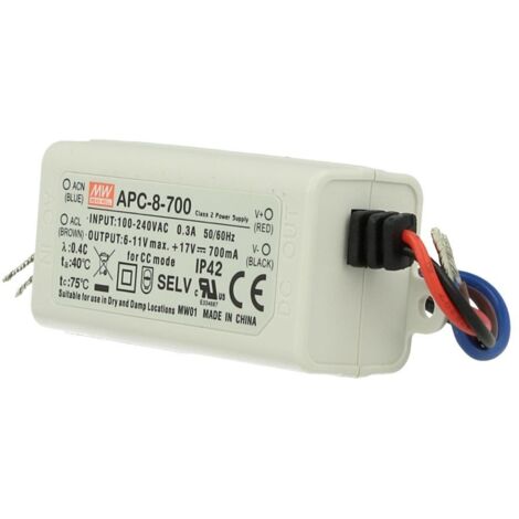 Led Driver CC MW MEAN WELL APC-8-700 Trasformatore 700mA 6V-11V DC 8W Corrente Costante IP42