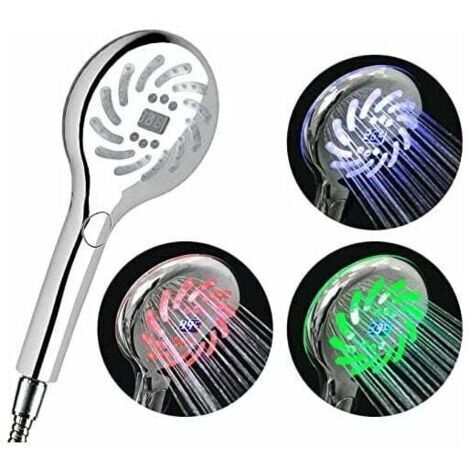 LED-Duschkopf mit Farbwechsel, Duschkopf mit digitaler LCD-Temperaturanzeige, verchromte Badewannendüse, Handbrause mit großem Brausekopf und 3 Strahlarten (G1/2 Zoll, 12,6 cm)