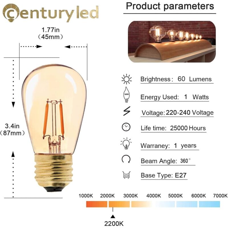 Led E27 Vintage Ampoule, ST45 Faciles à 1W=10W Ampoules à Incandescence, Super Blanc Chaud 2200 k E27 Medium Base Ampoule Lampe de Chevet, Doré en