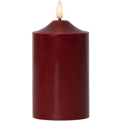 LED Echtwachs-Kerze ,Flamme' in Weinrot, Batterie + Timer, Flacker-Effekt, warmweiß, 15cm, Ø 7,5cm