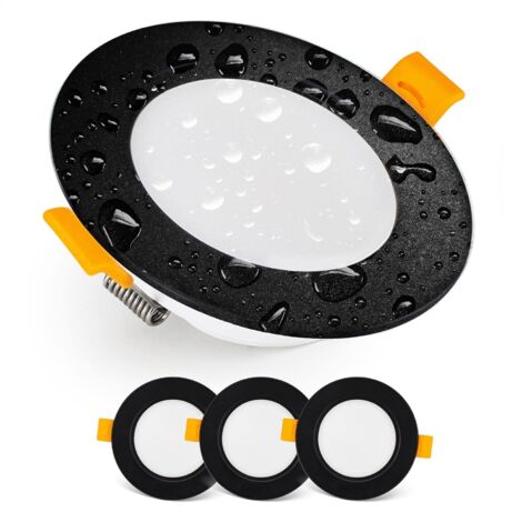 LED Einbaustrahler  LED Deckenstrahler IP54 für Badezimmer, Feuchträume, Warmweiß 3000K  3er Set extra flache runde LED Strahler 7 Watt (7W) / 700 Lumen, Schwarz