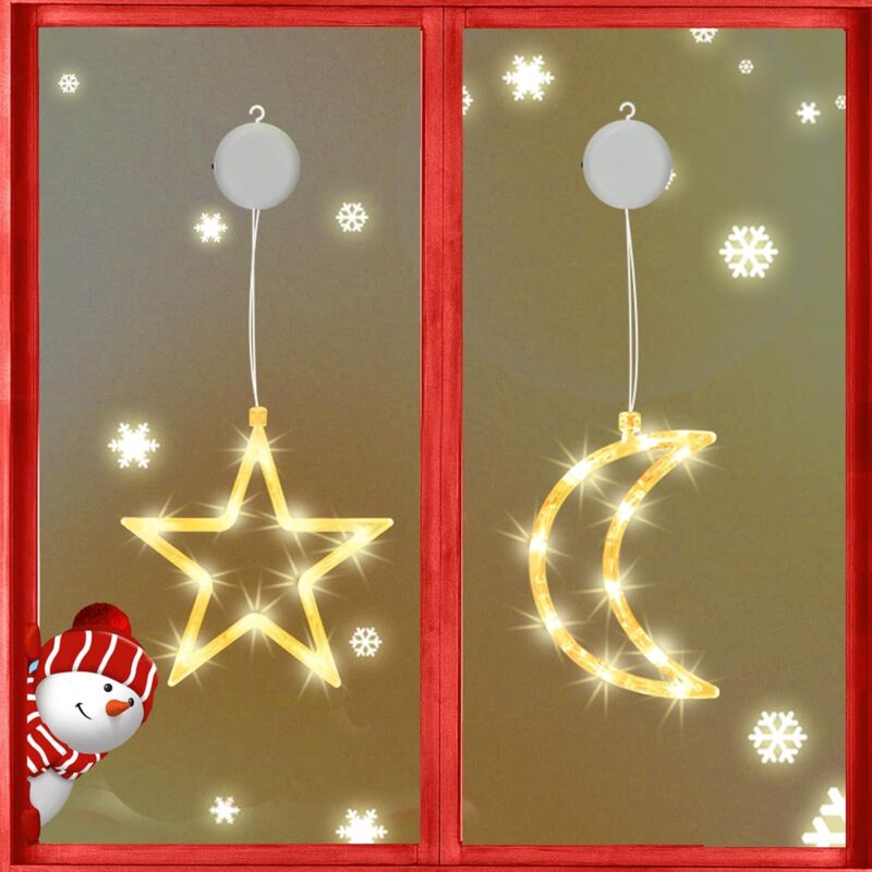 LED Étoiles lumières de Noël Étoiles à piles et lune lumières décoratives 18.5 à 18.5cm blanc chaud pack de 2 [Classe énergétique E]