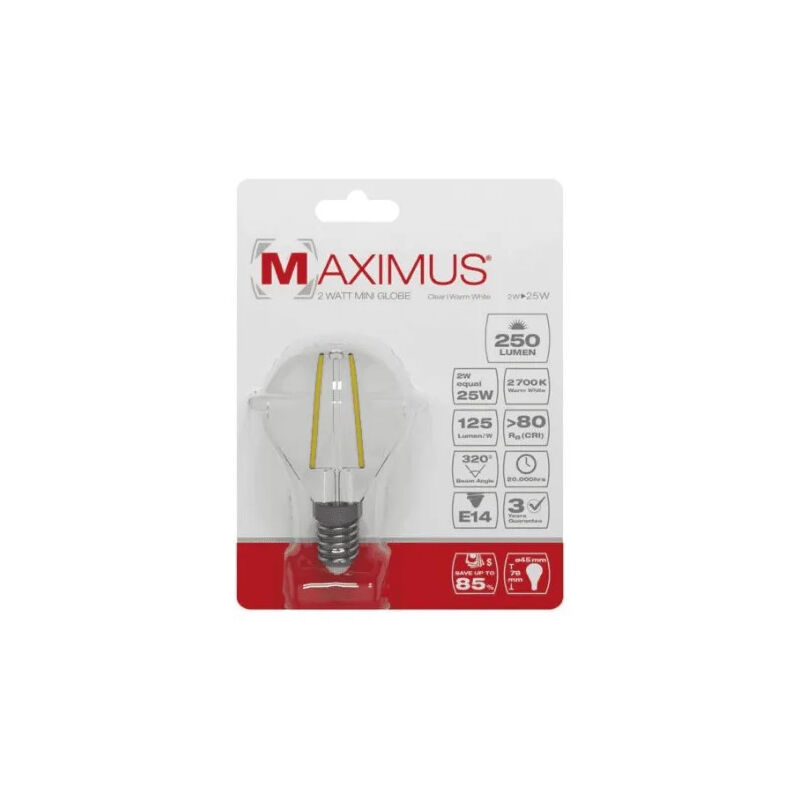 

Filamento Led esférico Maximus 2W E14 250LM 2700K cálido